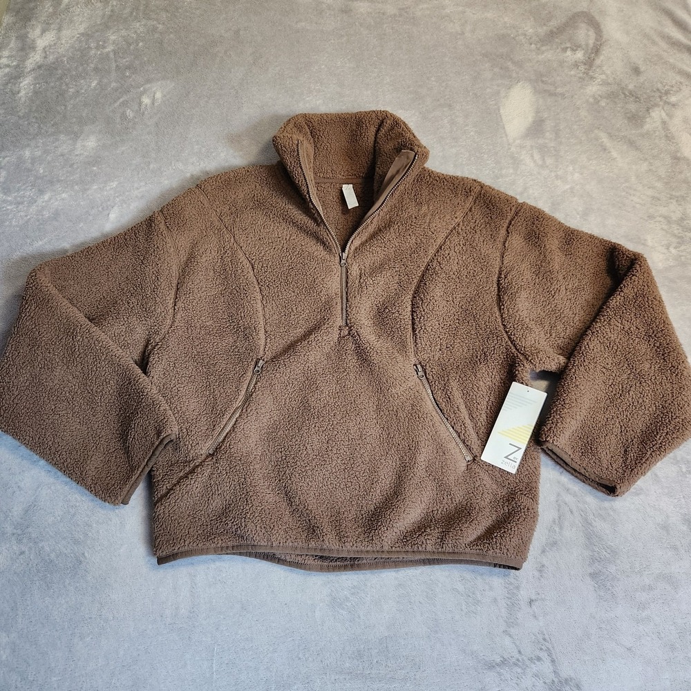 Z BY ZELLA Faux Fur Fleece Quarter Zip Pullover Teddy Jacket Brown Women XS